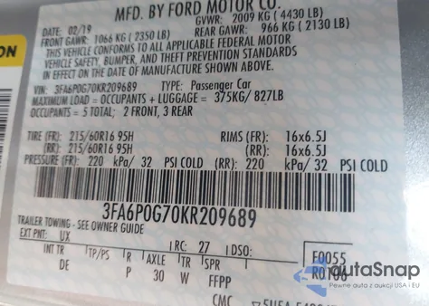 2019 Ford Fusion S из США, поврежденный, VIN 3FA6P0G70KR209689